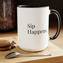 Load image into Gallery viewer, Sip Happens&quot; 15 oz Ceramic Coffee Mug (Black and White)
