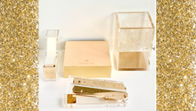 Load image into Gallery viewer, acrylic desk accessories gold  tape dispenser stapler pen holder notepad
