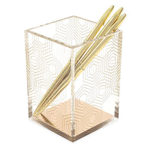 Acrylic and gold pen holder with gold pens
