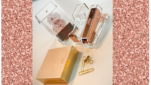 Load image into Gallery viewer, acrylic clear rose gold desk accessories stapler tape dispenser pen holder blush notepad
