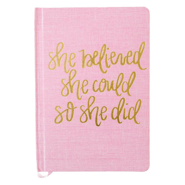 Pink cloth journal with gold lettering made in the USA hustle and swag 